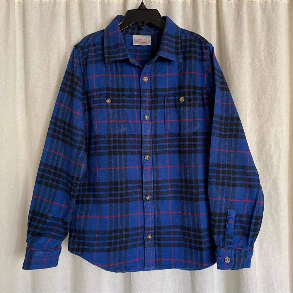 Hanna Andersson boys blue plaid flannel button down shirt size 10